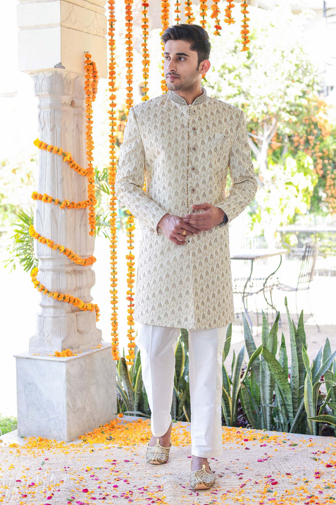 Designer Cream Indo-Western Suit.