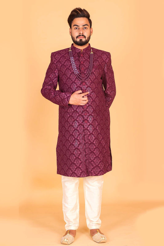 Dark Magenta Soft Lucknowi Silk Indo-Western Suit