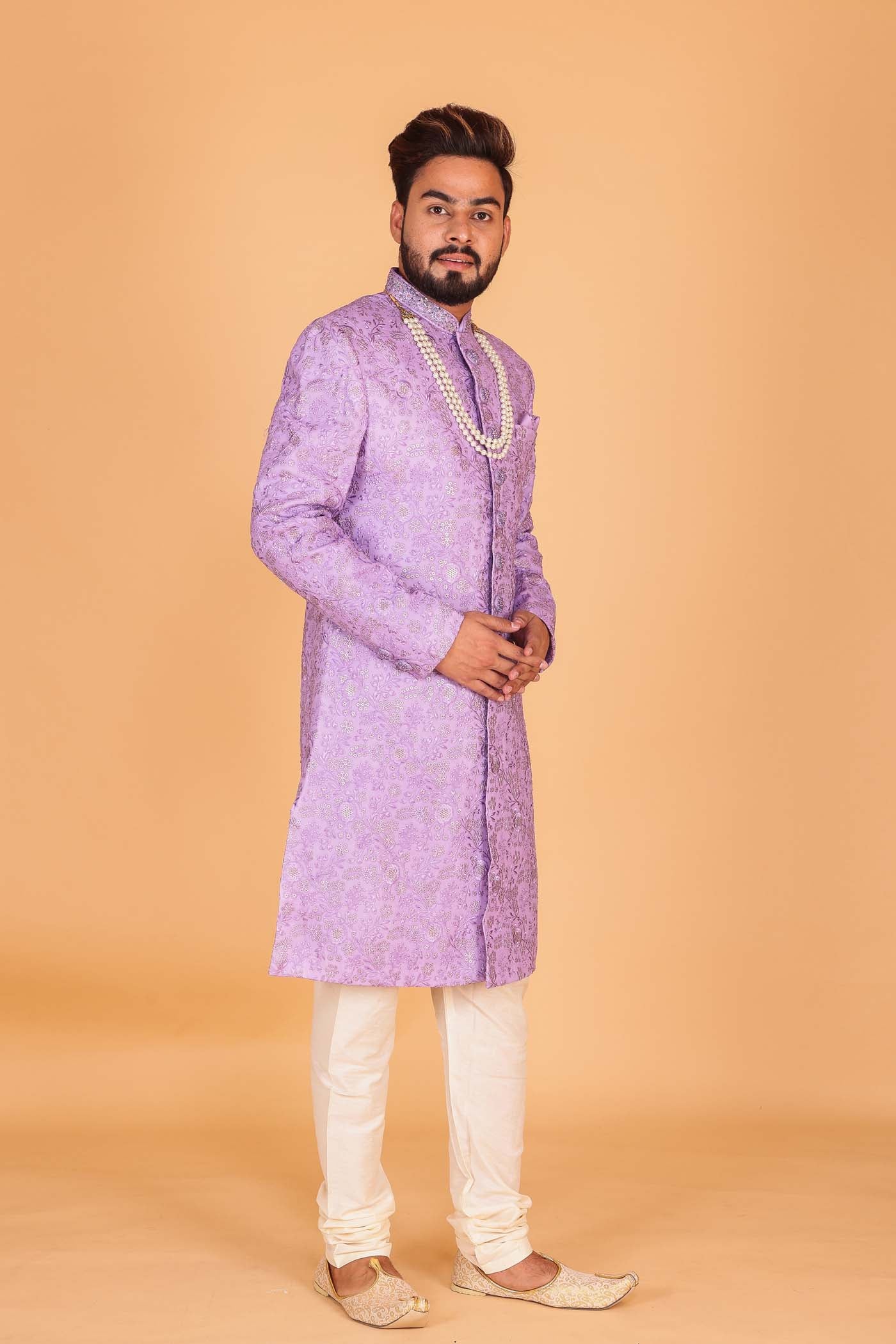 Lilac Lucknowi Silk Sherwani Suit.