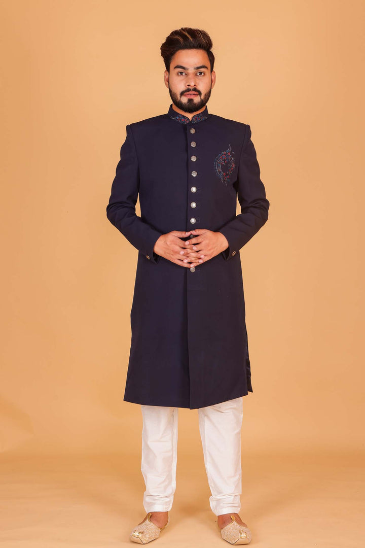 Navy Blue Sherwani Suit.