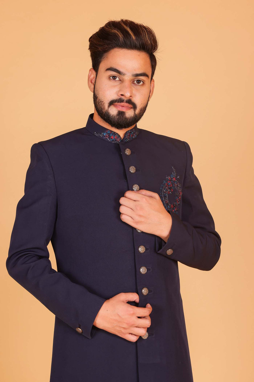 Navy Blue Sherwani Suit.