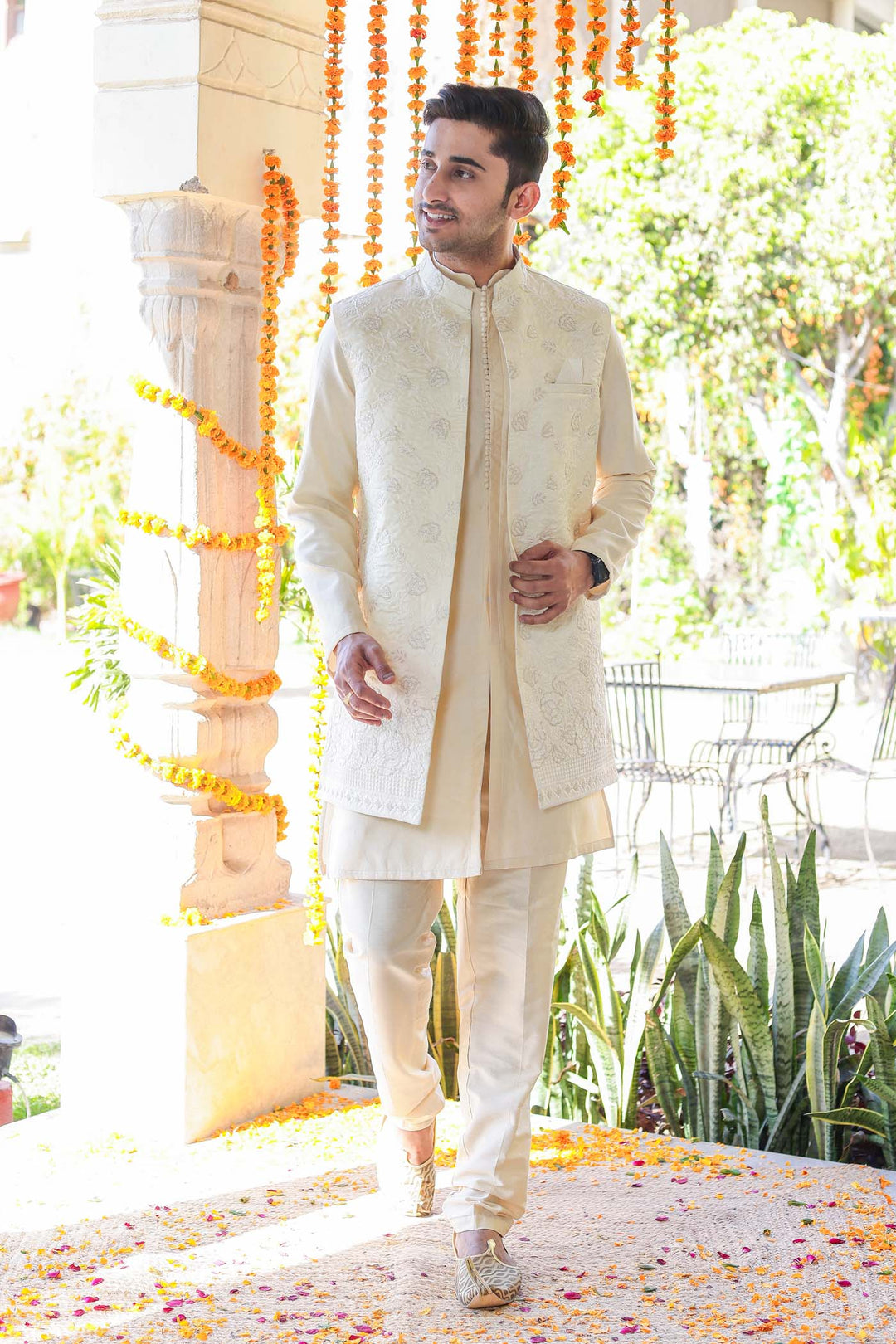 Light Gold Open Jacket style Indo-Western Suit.