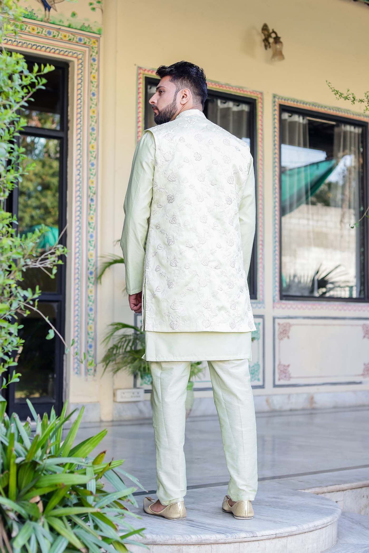 Mint Green Open Jacket style Indo-Western Suit.