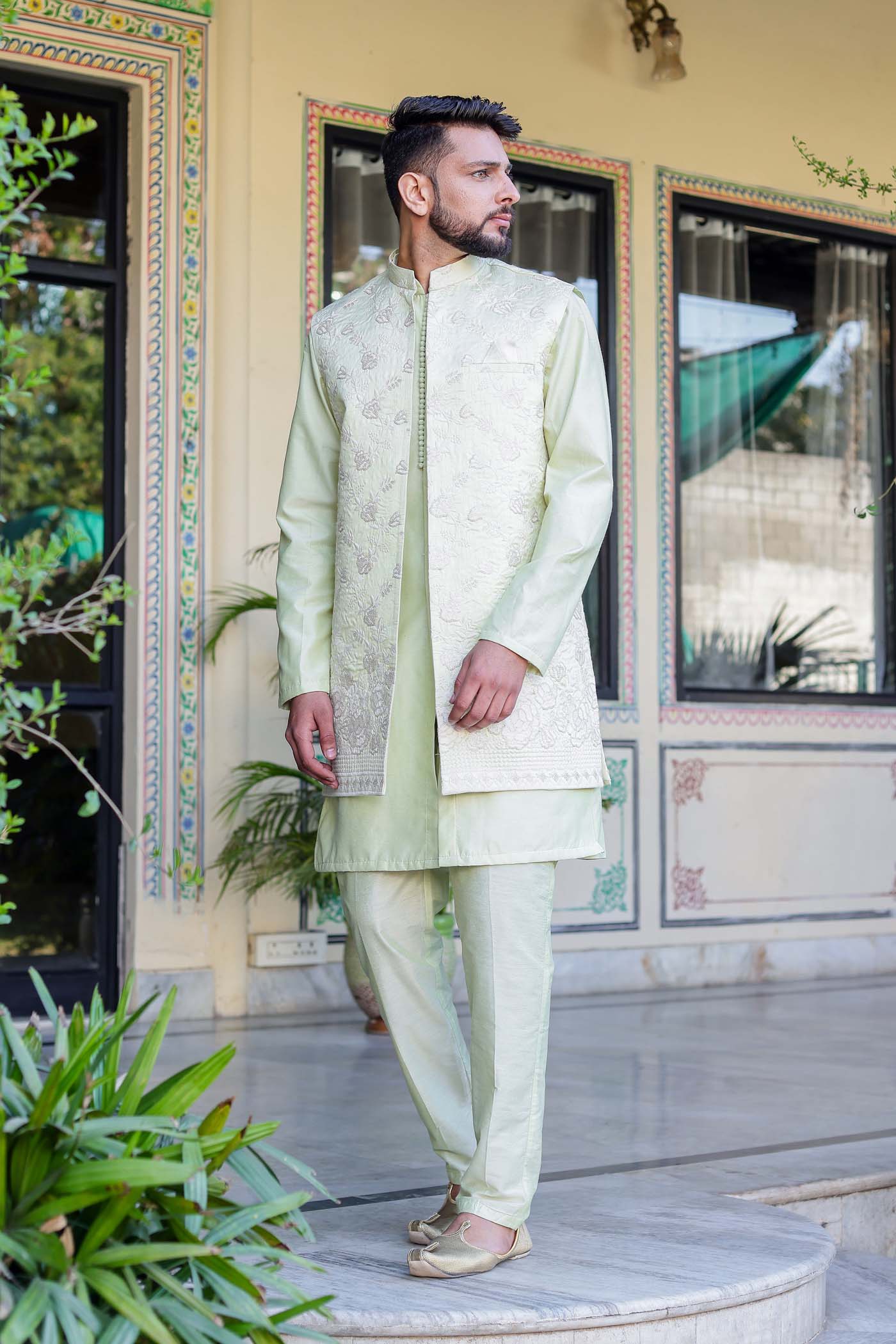 Mint Green Open Jacket style Indo-Western Suit.