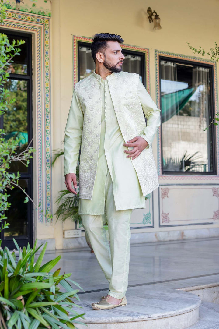 Mint Green Open Jacket style Indo-Western Suit.