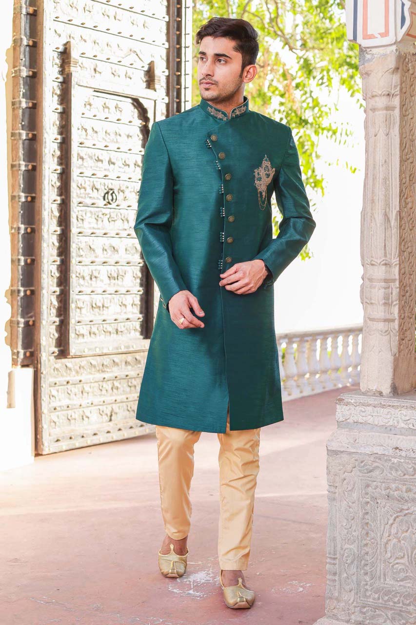 Teal Raw Silk Indo-Western Sherwani Suit.