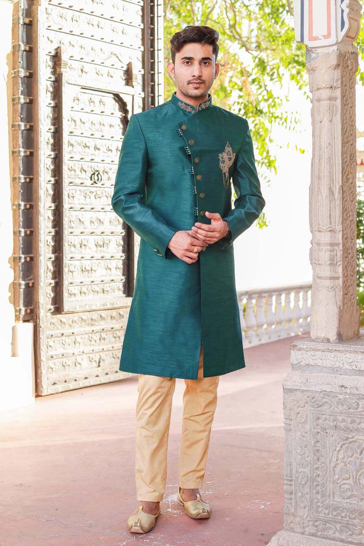 Teal Raw Silk Indo-Western Sherwani Suit.