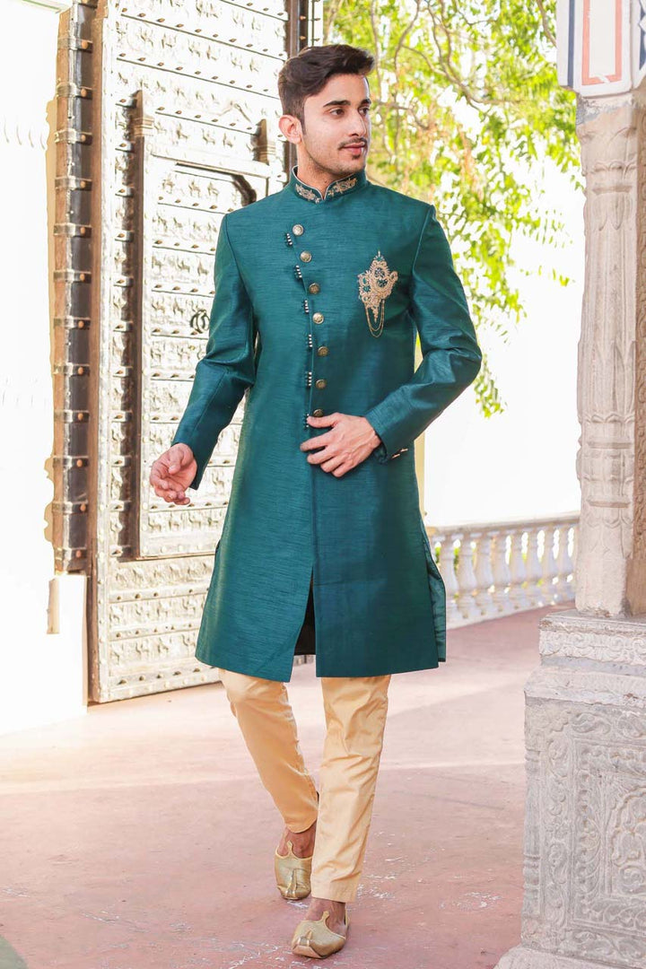 Teal Raw Silk Indo-Western Sherwani Suit.