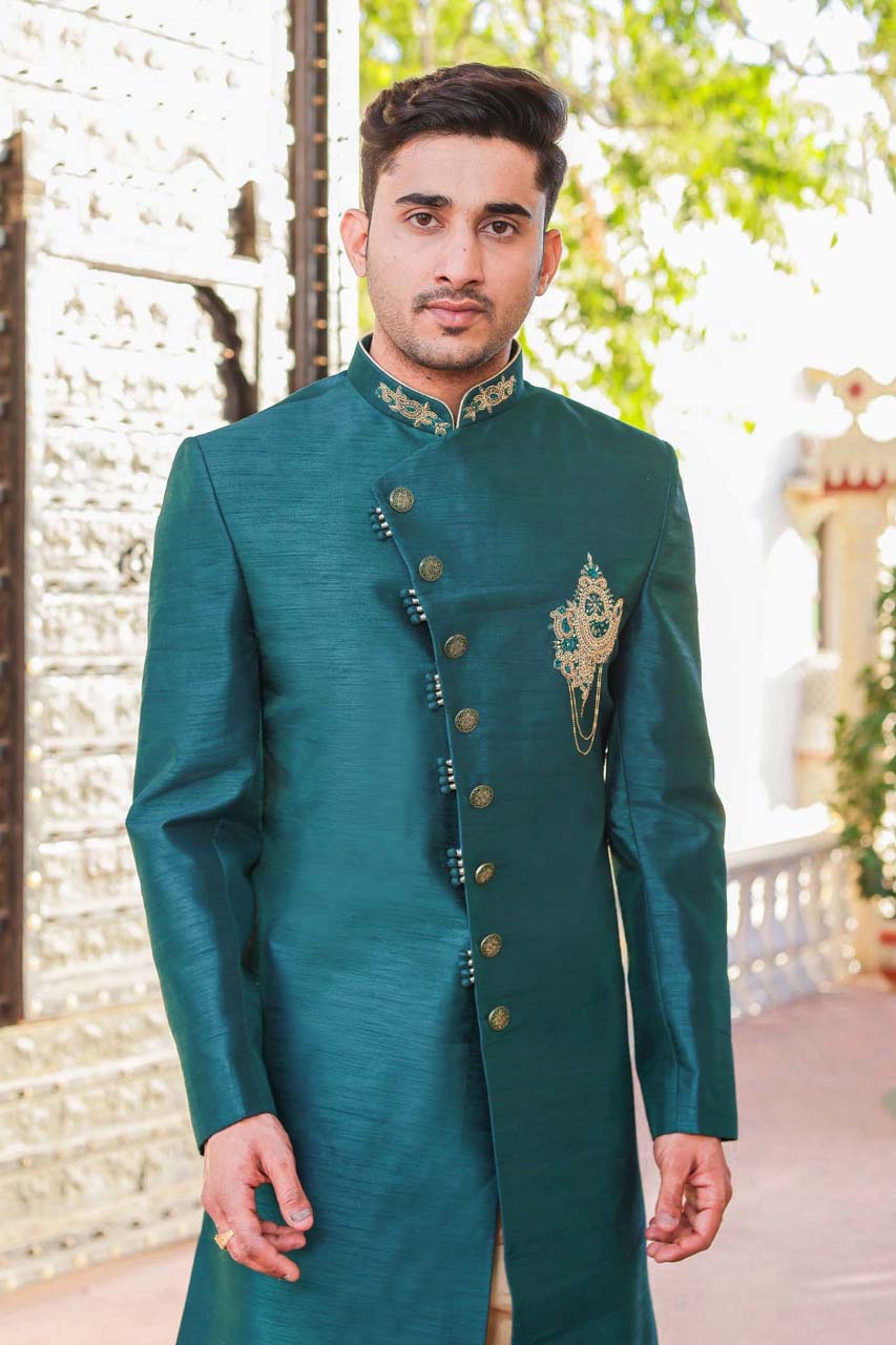 Teal Raw Silk Indo-Western Sherwani Suit.