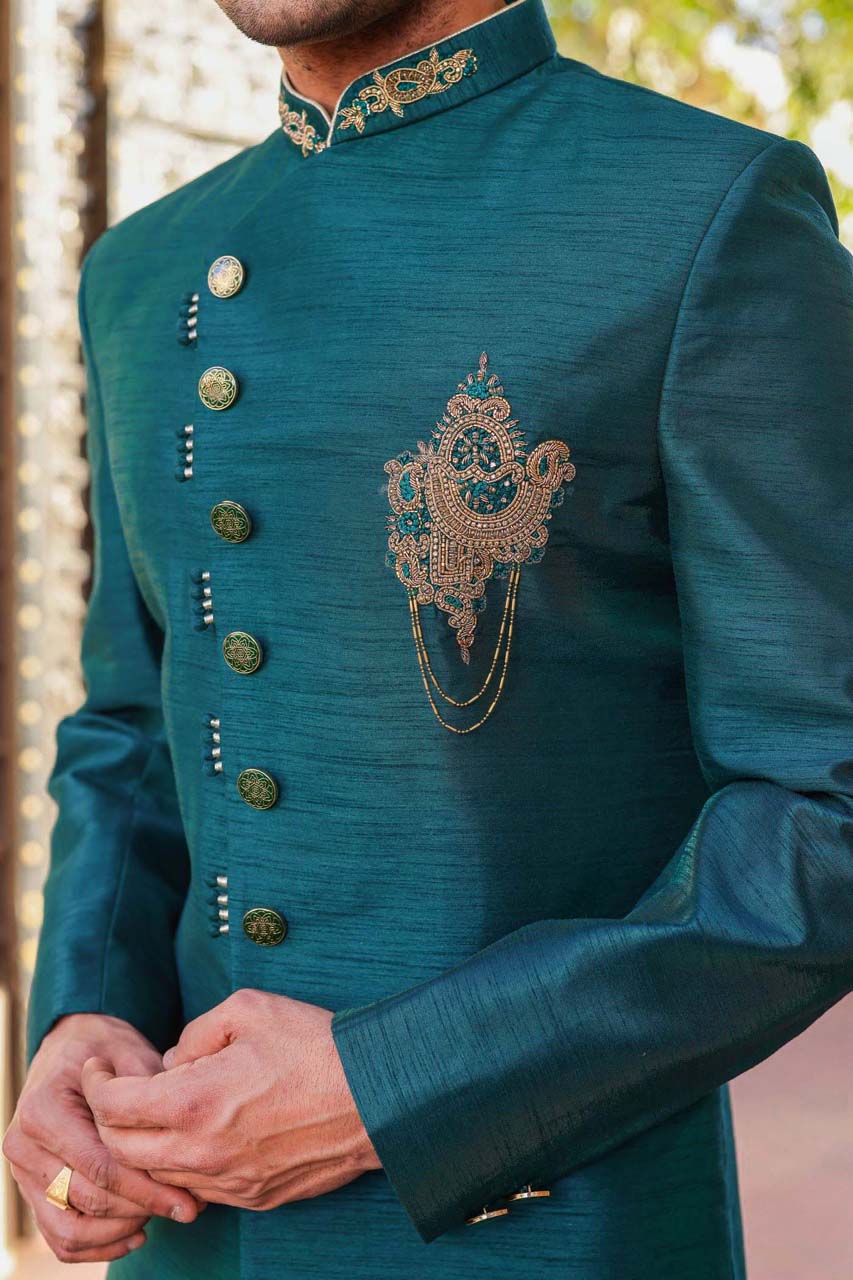 Teal Raw Silk Indo-Western Sherwani Suit.