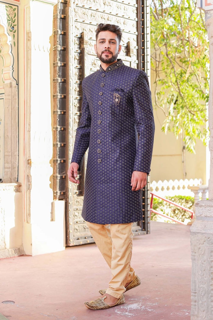 Navy Blue Raw Silk Indo-Western Sherwani Suit With intricate Sequin Work .