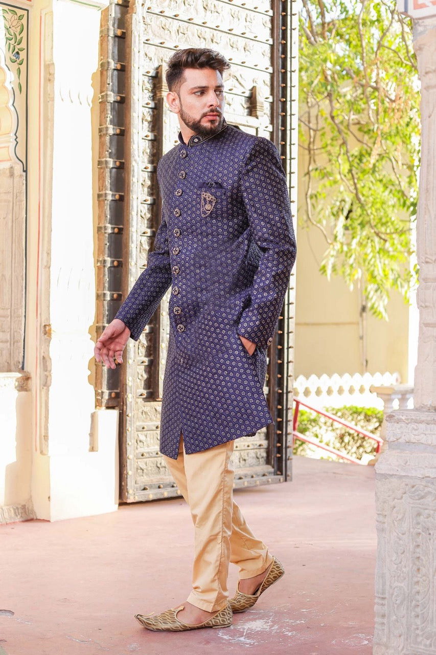 Navy Blue Raw Silk Indo-Western Sherwani Suit With intricate Sequin Work .