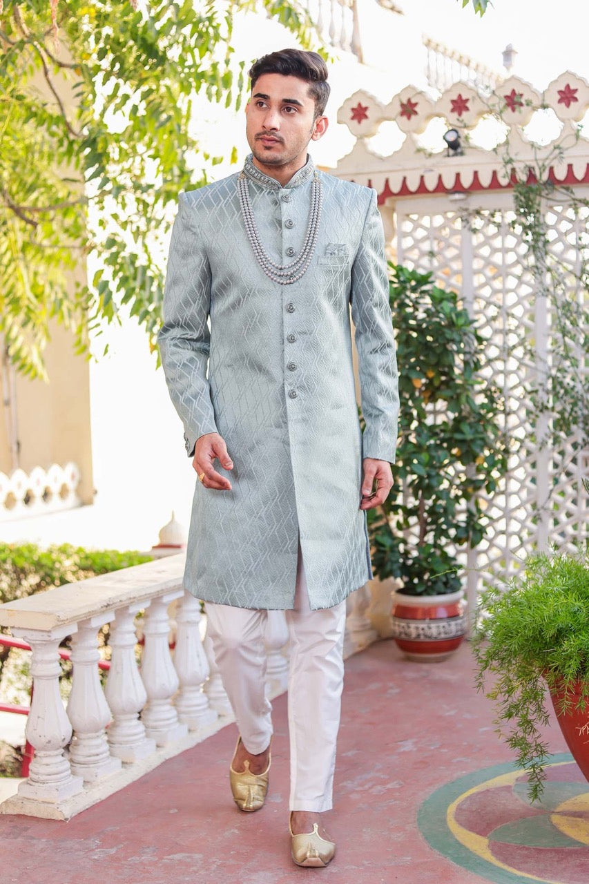 Dusty Green Indo-Western Sherwani Suit.