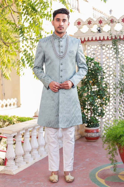 Dusty Green Indo-Western Sherwani Suit.