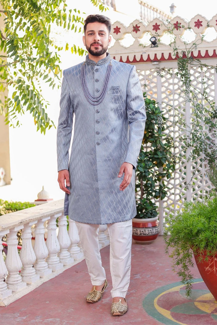 Dusty Blue Indo-Western Sherwani Suit.