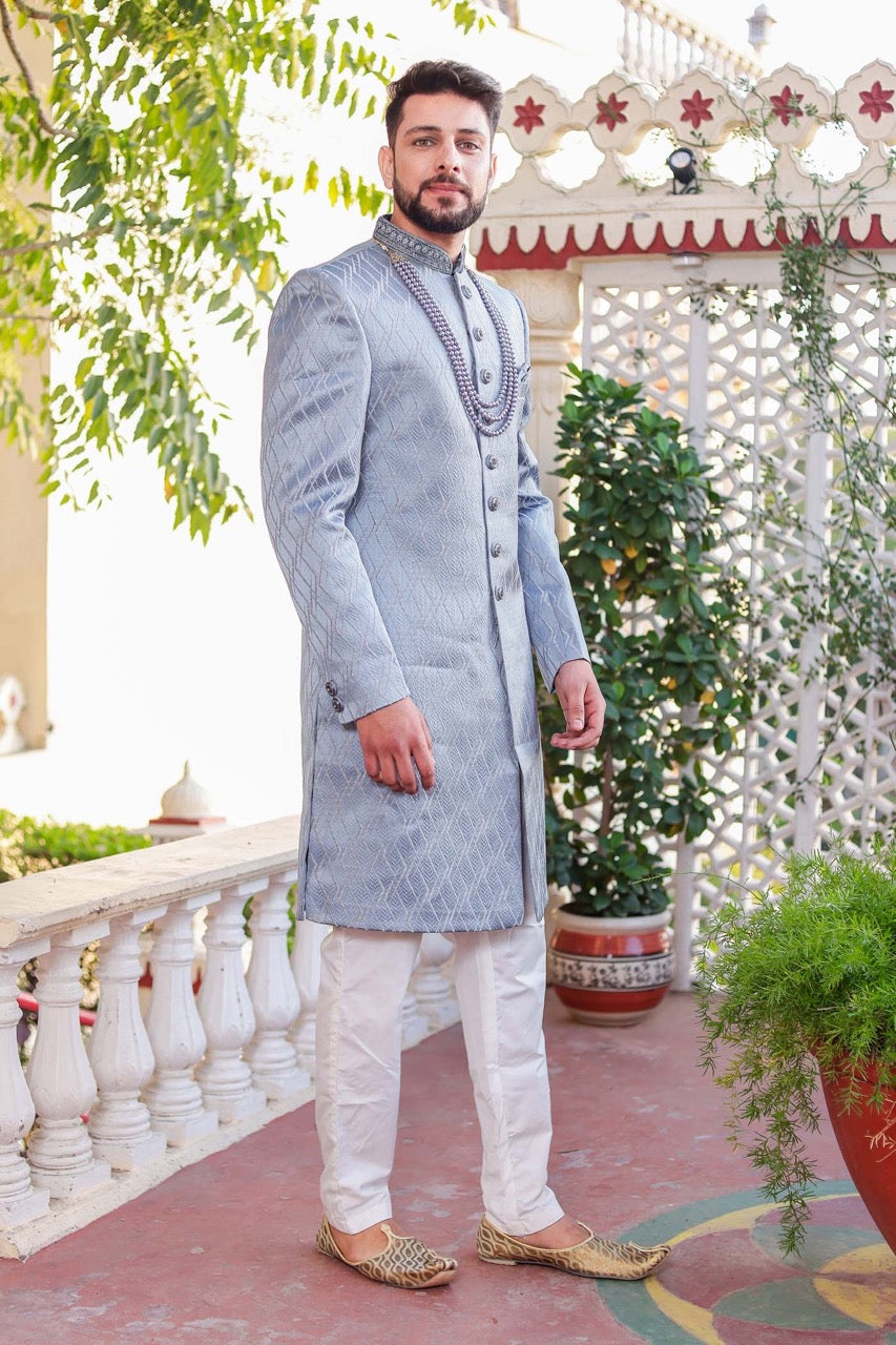 Dusty Blue Indo-Western Sherwani Suit.