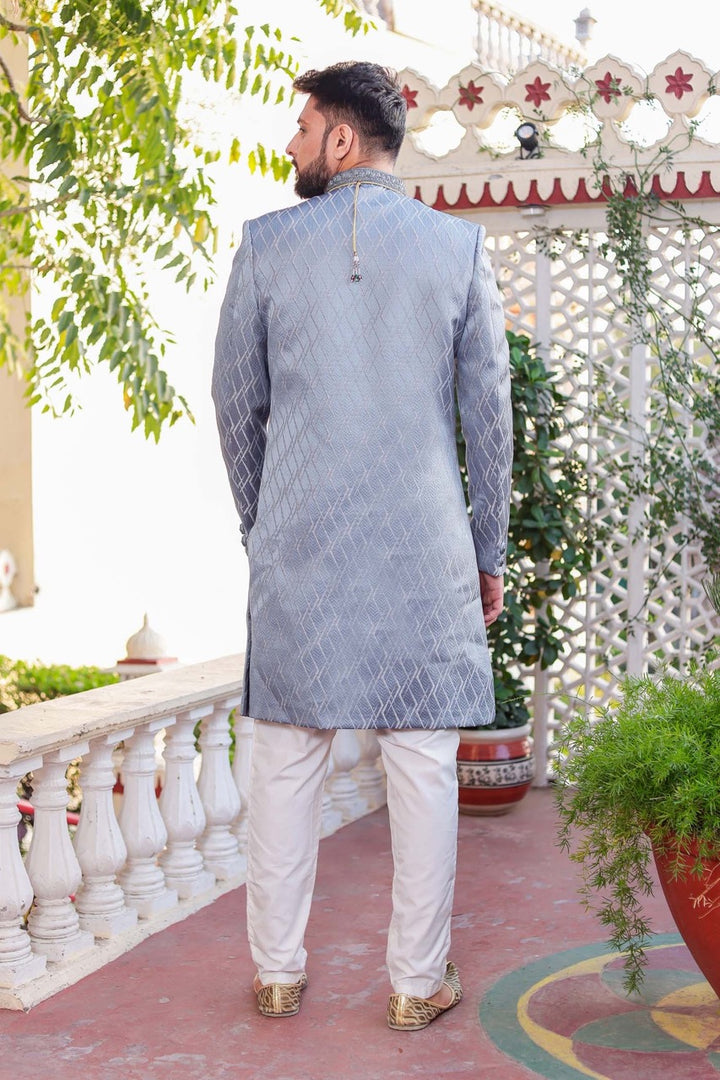 Dusty Blue Indo-Western Sherwani Suit.