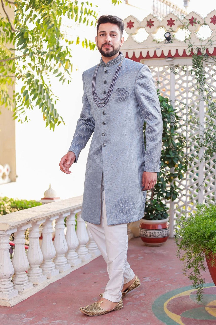 Dusty Blue Indo-Western Sherwani Suit.
