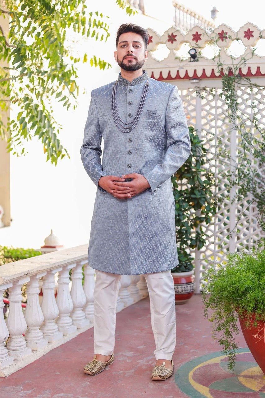 Dusty Blue Indo-Western Sherwani Suit.