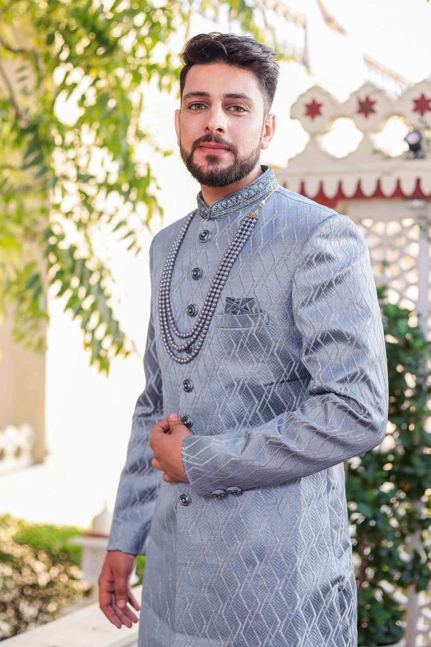 Dusty Blue Indo-Western Sherwani Suit.