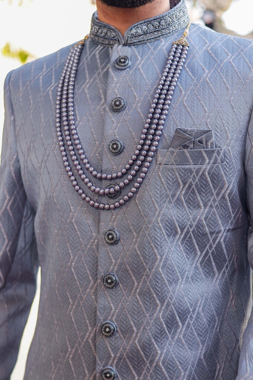 Dusty Blue Indo-Western Sherwani Suit.