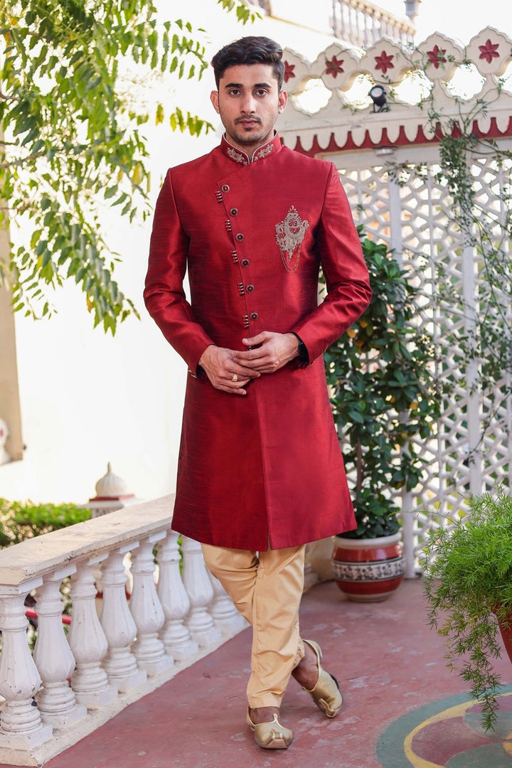 Maroon Raw Silk Indo-Western Sherwani Suit.