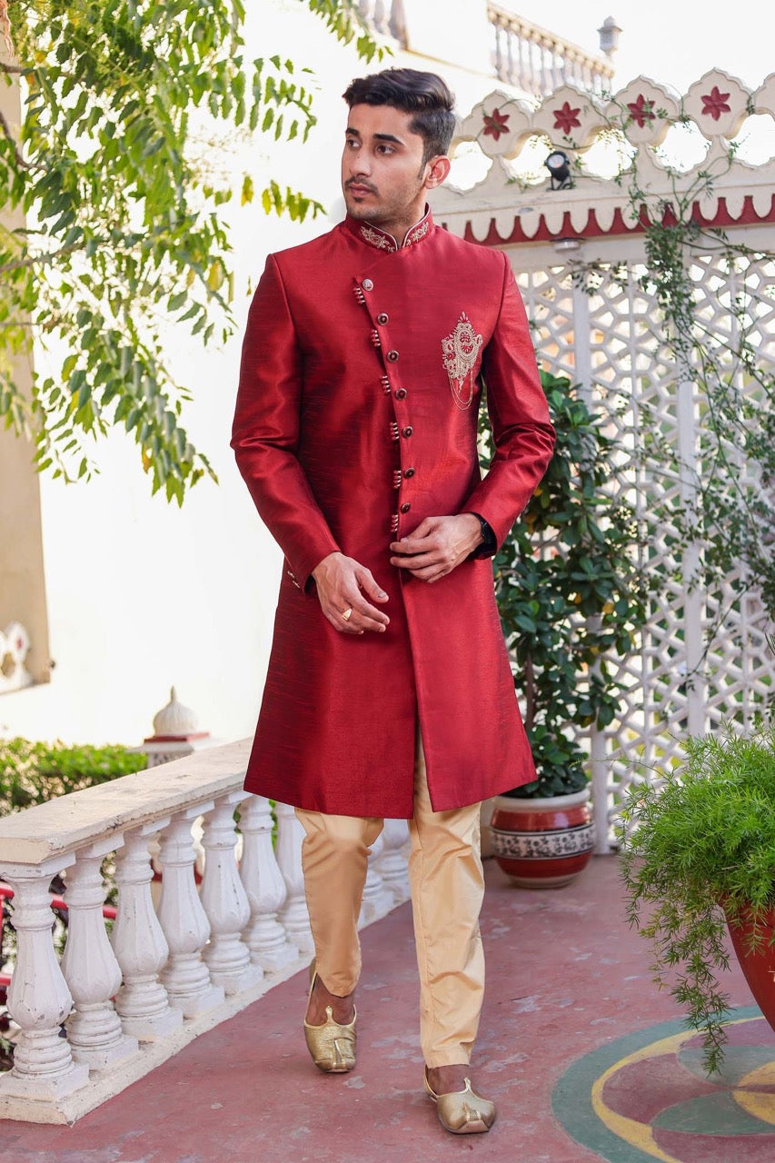 Maroon Raw Silk Indo-Western Sherwani Suit.