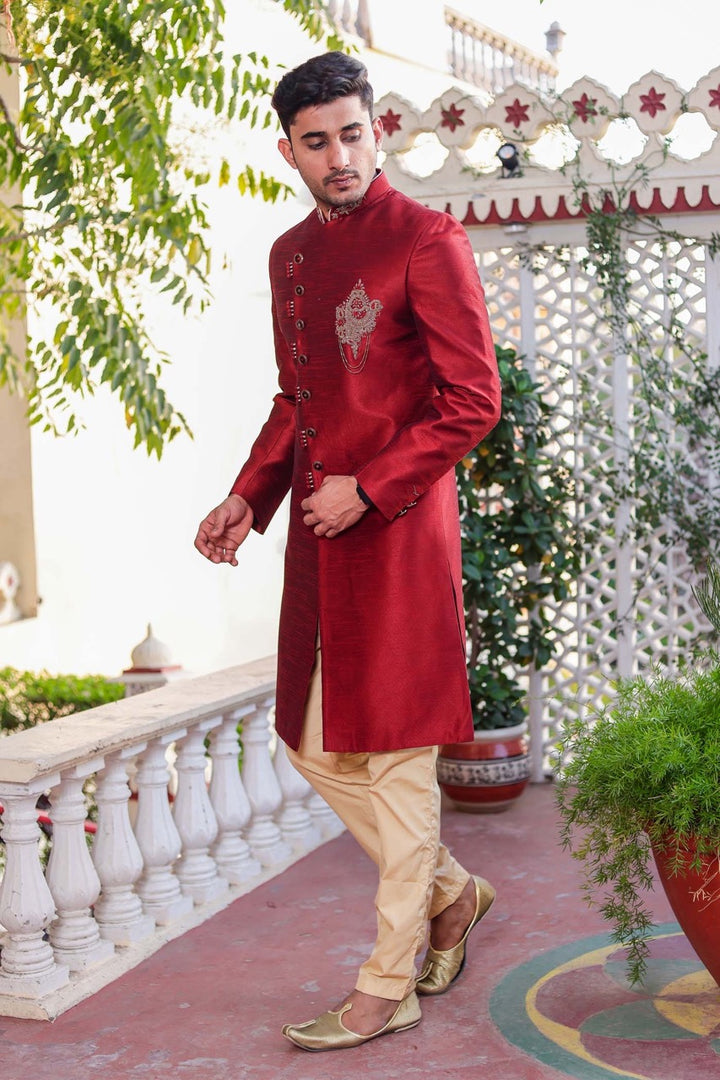 Maroon Raw Silk Indo-Western Sherwani Suit.