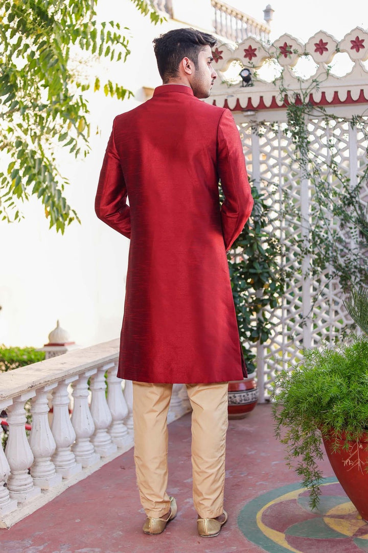 Maroon Raw Silk Indo-Western Sherwani Suit.