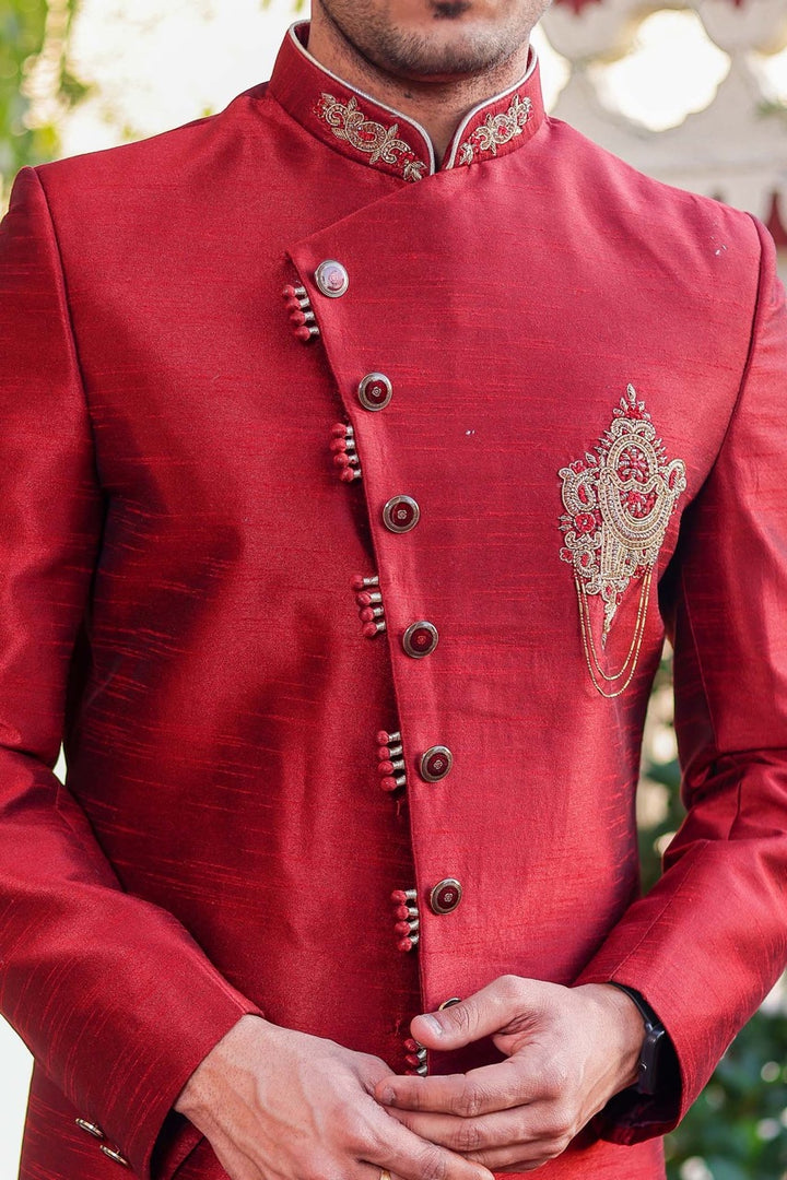 Maroon Raw Silk Indo-Western Sherwani Suit.