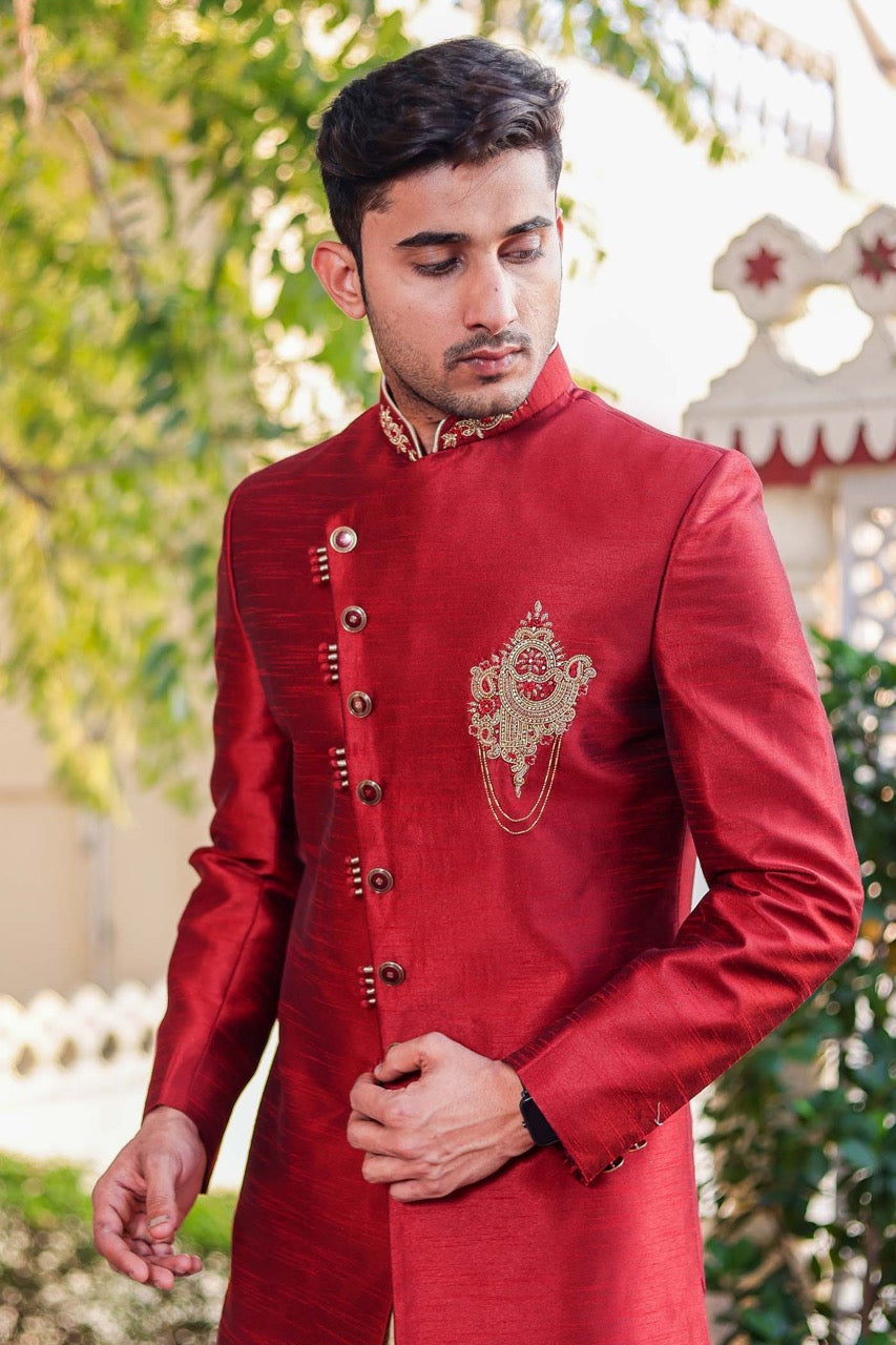 Maroon Raw Silk Indo-Western Sherwani Suit.
