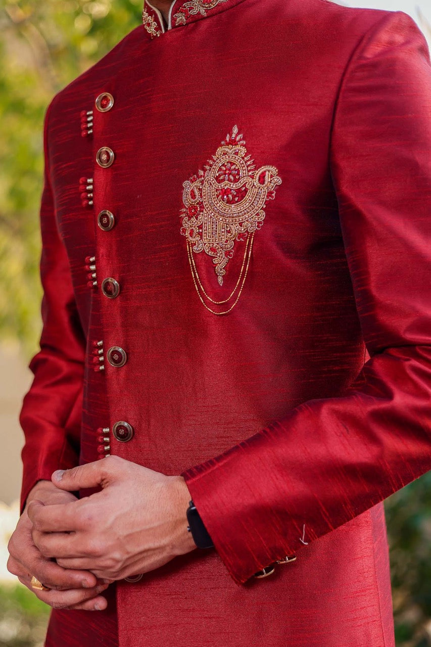 Maroon Raw Silk Indo-Western Sherwani Suit.