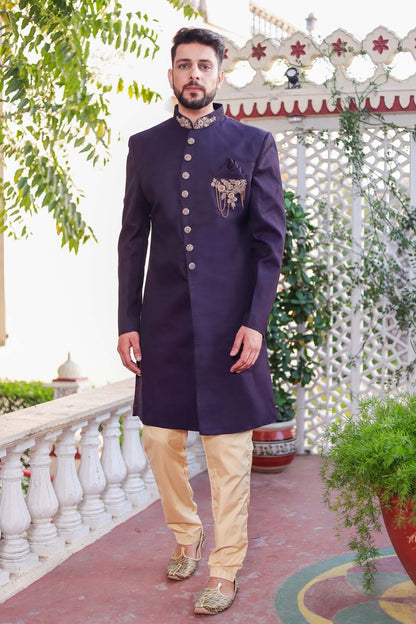 Dark Aubergine Indo-Western Sherwani Suit.
