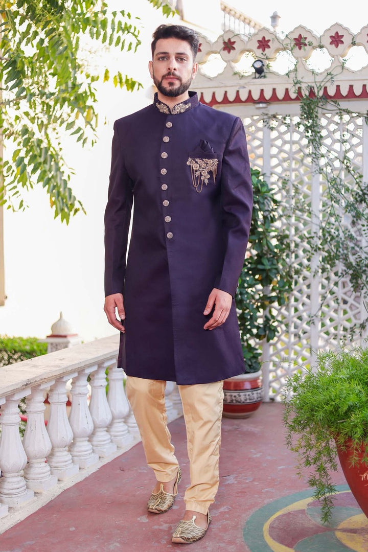 Dark Plum Indo-Western Sherwani Suit.