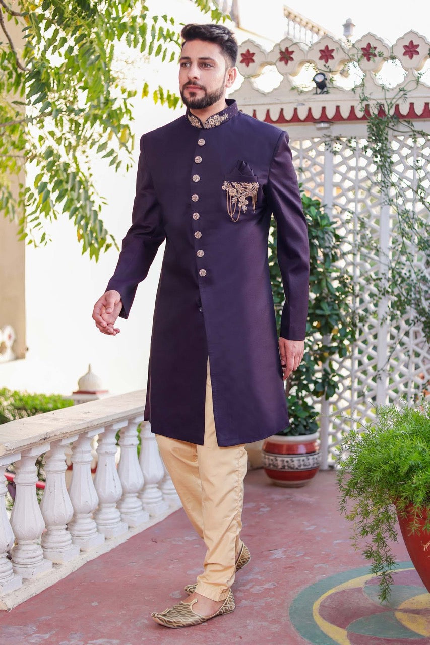 Dark Plum Indo-Western Sherwani Suit.