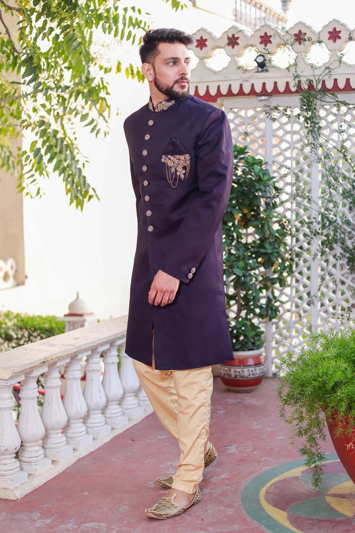 Dark Plum Indo-Western Sherwani Suit.