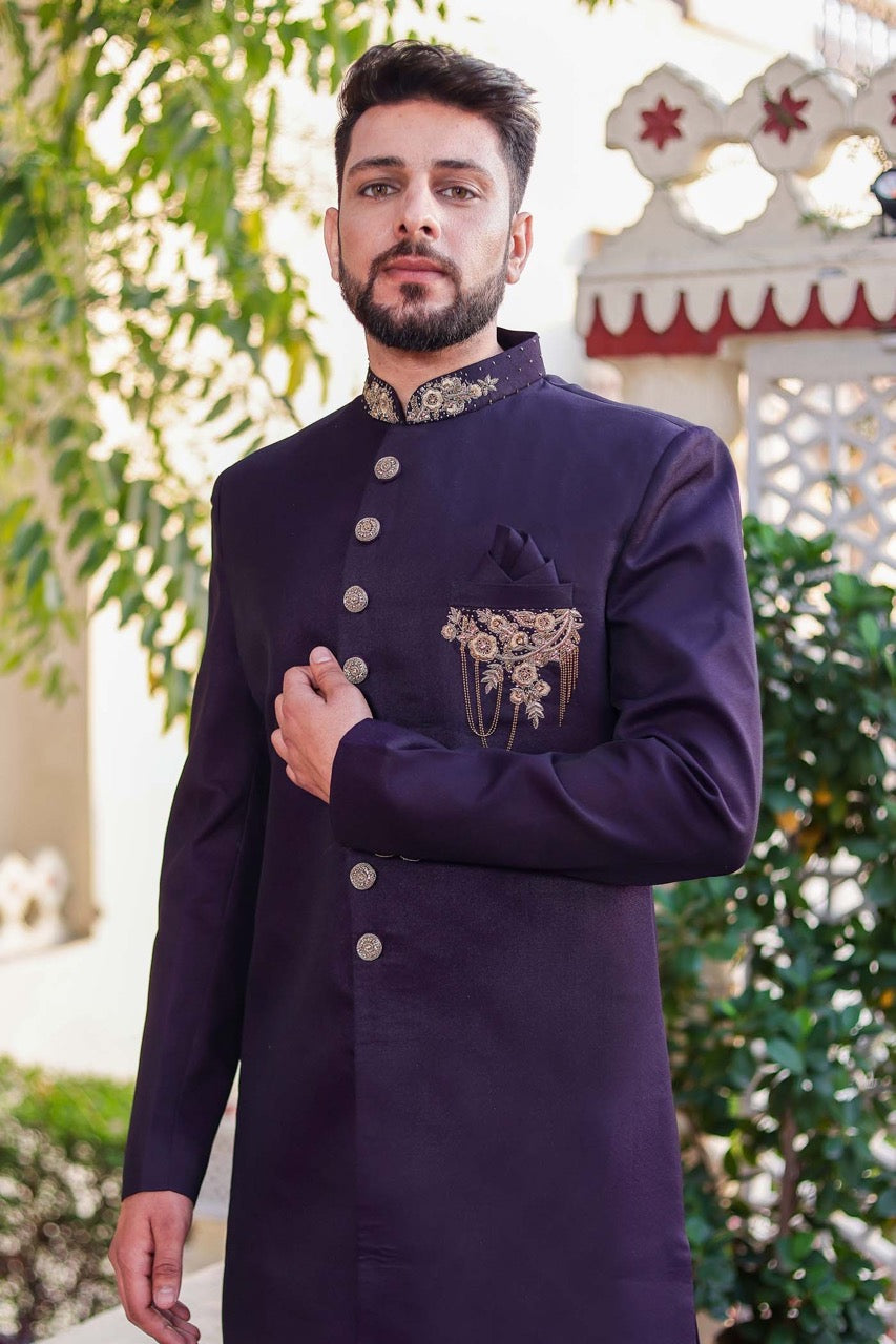 Dark Plum Indo-Western Sherwani Suit.