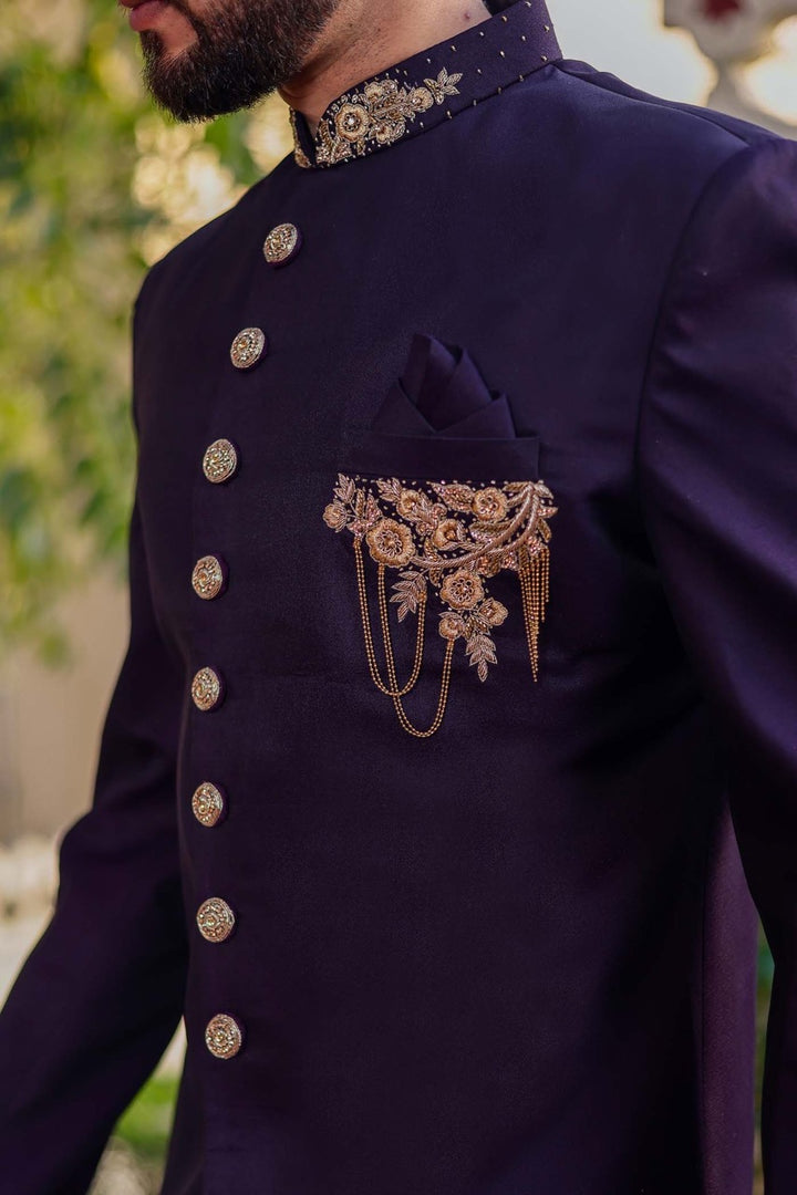 Dark Plum Indo-Western Sherwani Suit.