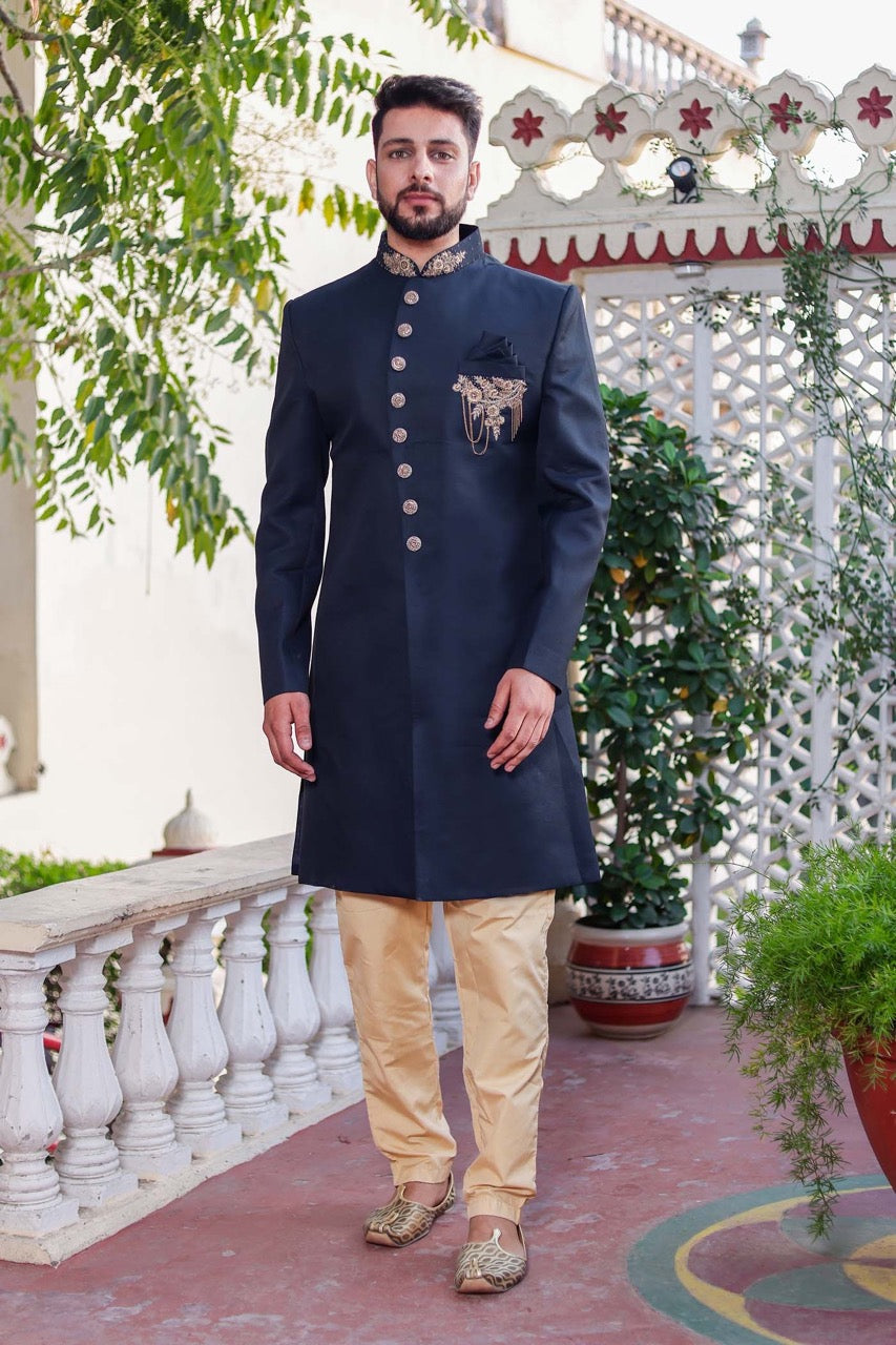 Dark Teal Indo-Western Sherwani Suit.