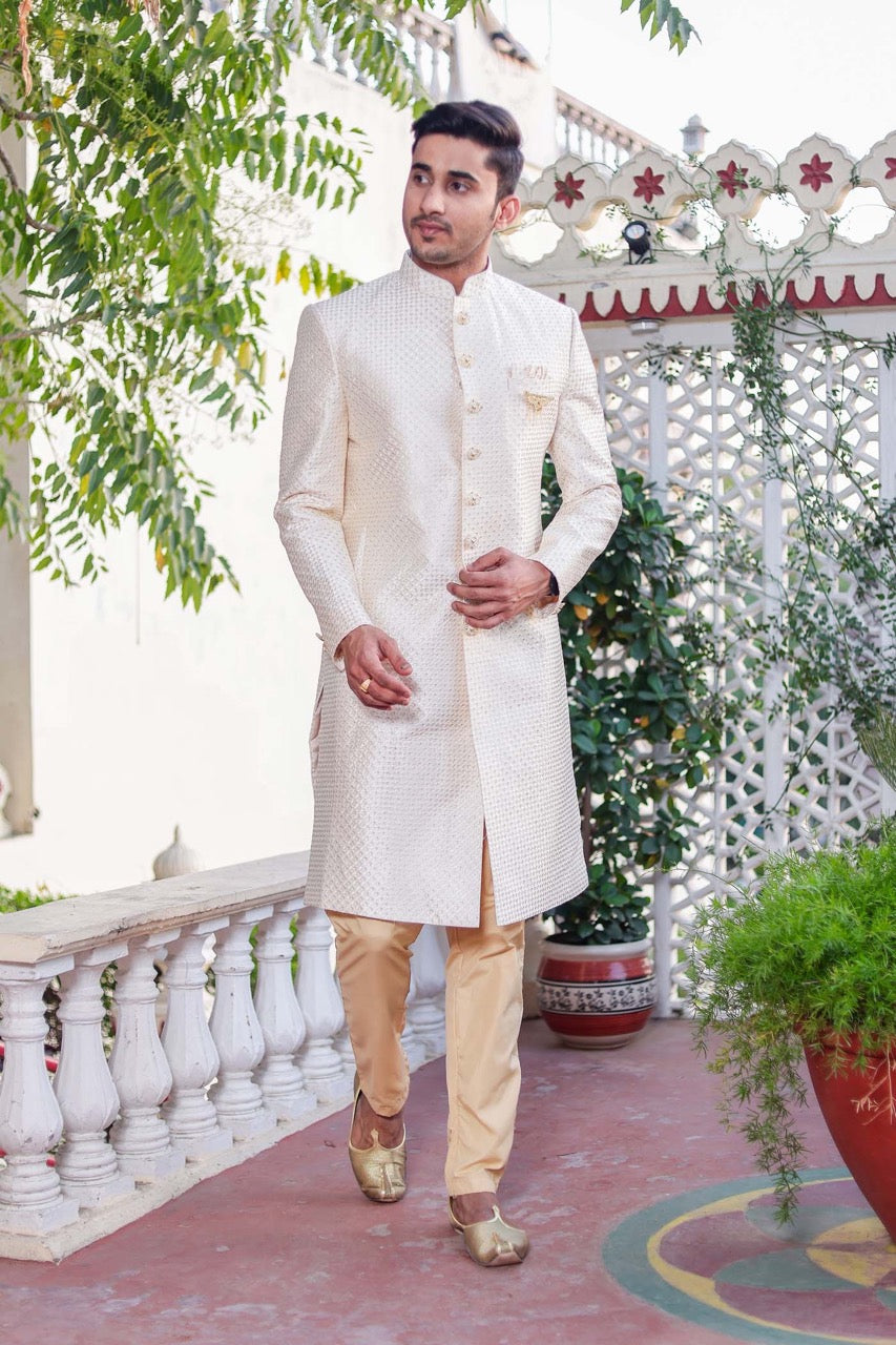 Cream Indo-Western Sherwani Suit.