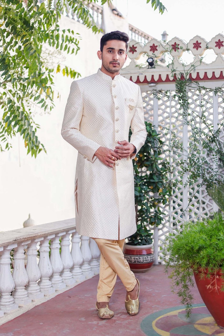 Cream Indo-Western Sherwani Suit.