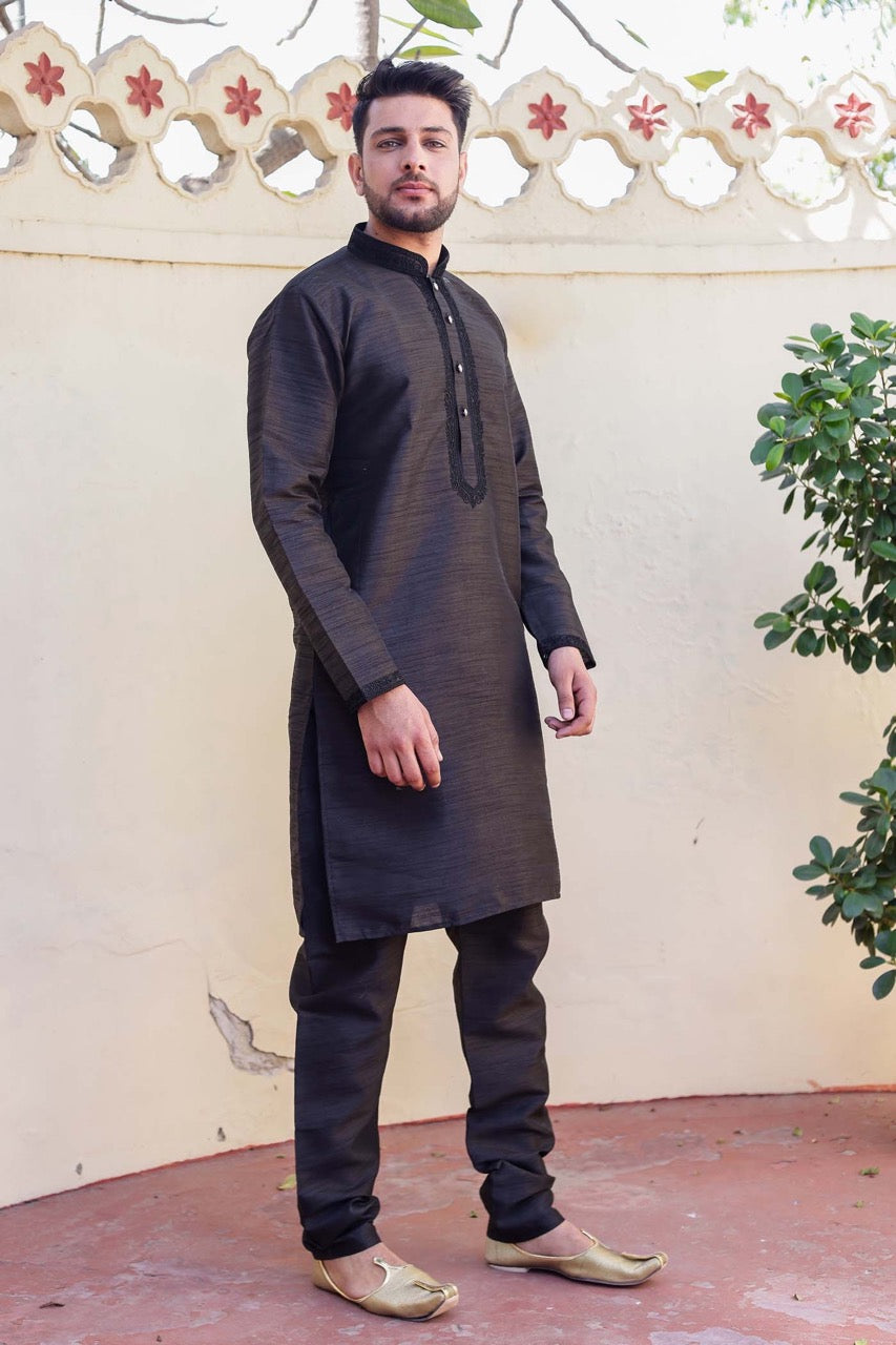 Black Dupion Silk Kurta Suit.