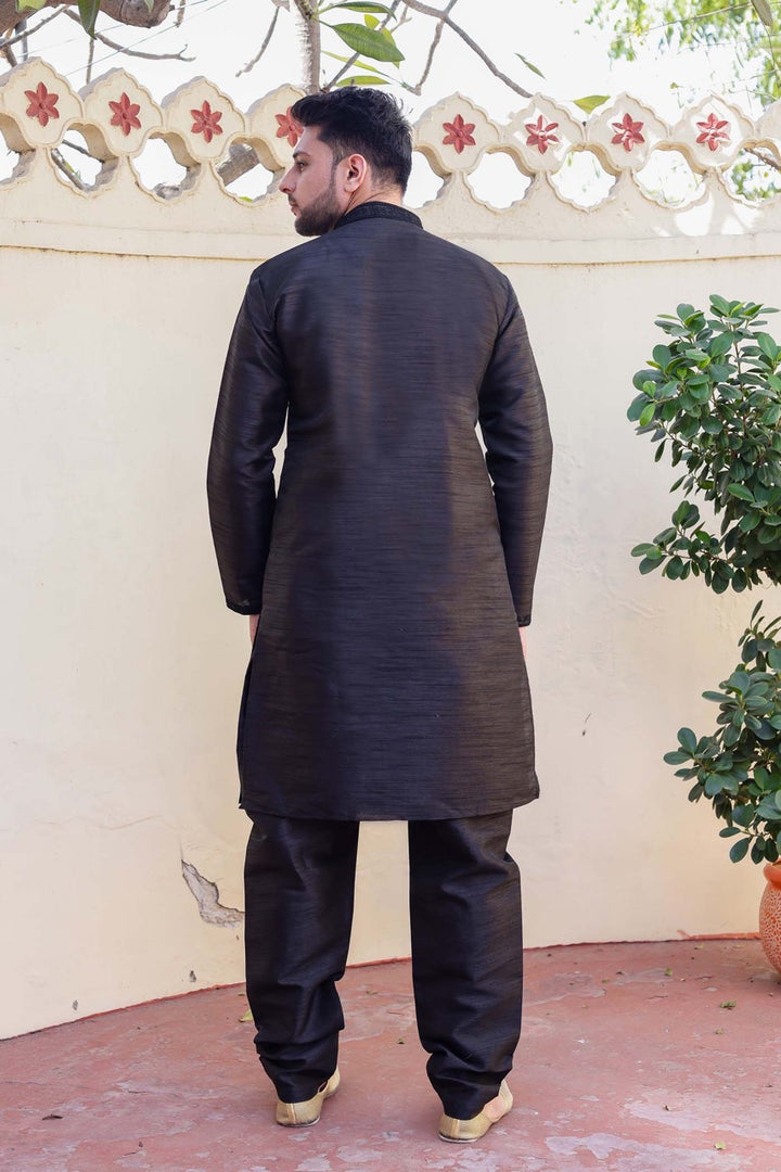 Black Dupion Silk Kurta Suit.