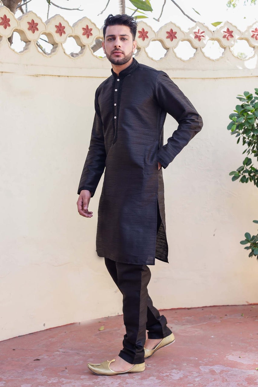 Black Dupion Silk Kurta Suit.