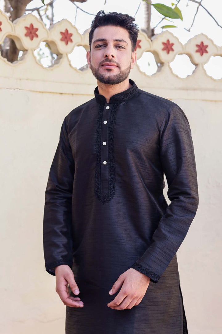 Black Dupion Silk Kurta Suit.