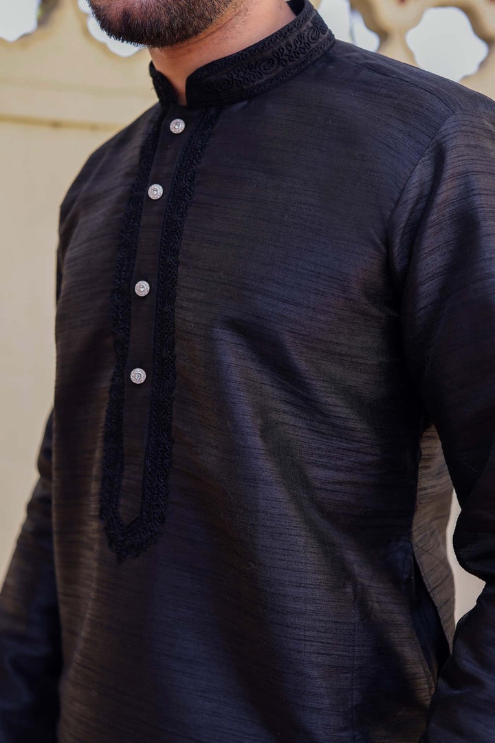 Black Dupion Silk Kurta Suit.