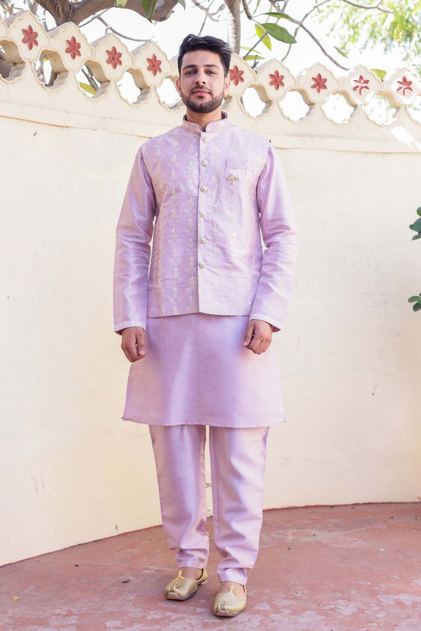 Lilac Designer Raw silk waistcoat kurta suit