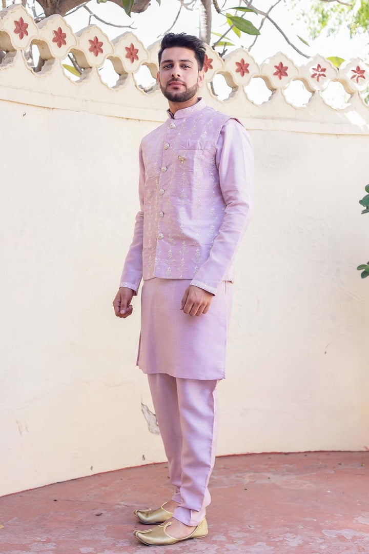 Lilac Designer Raw silk waistcoat kurta suit