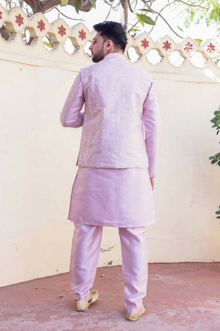 Designer Raw silk waistcoat kurta suit -  Lilac