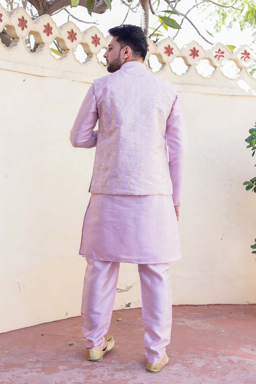 Lilac Designer Raw silk waistcoat kurta suit